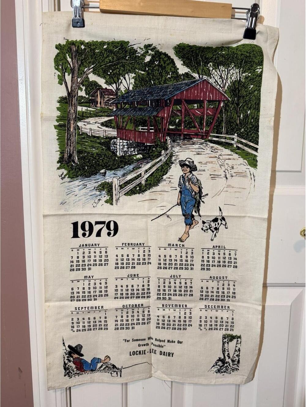 1979 Linen Tea Towel Locker Lee Dairy Covered Bridge Americana Vintage